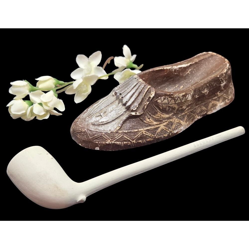 Vintage Shoe Pipe Holder 5 Inch Carved Moccasin with Reproduction Clay Pipe
